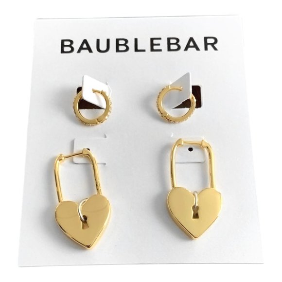 BaubleBar Jewelry - Hear Shaped Lock Earrings w/ Small Jeweled Hoops Earring Set